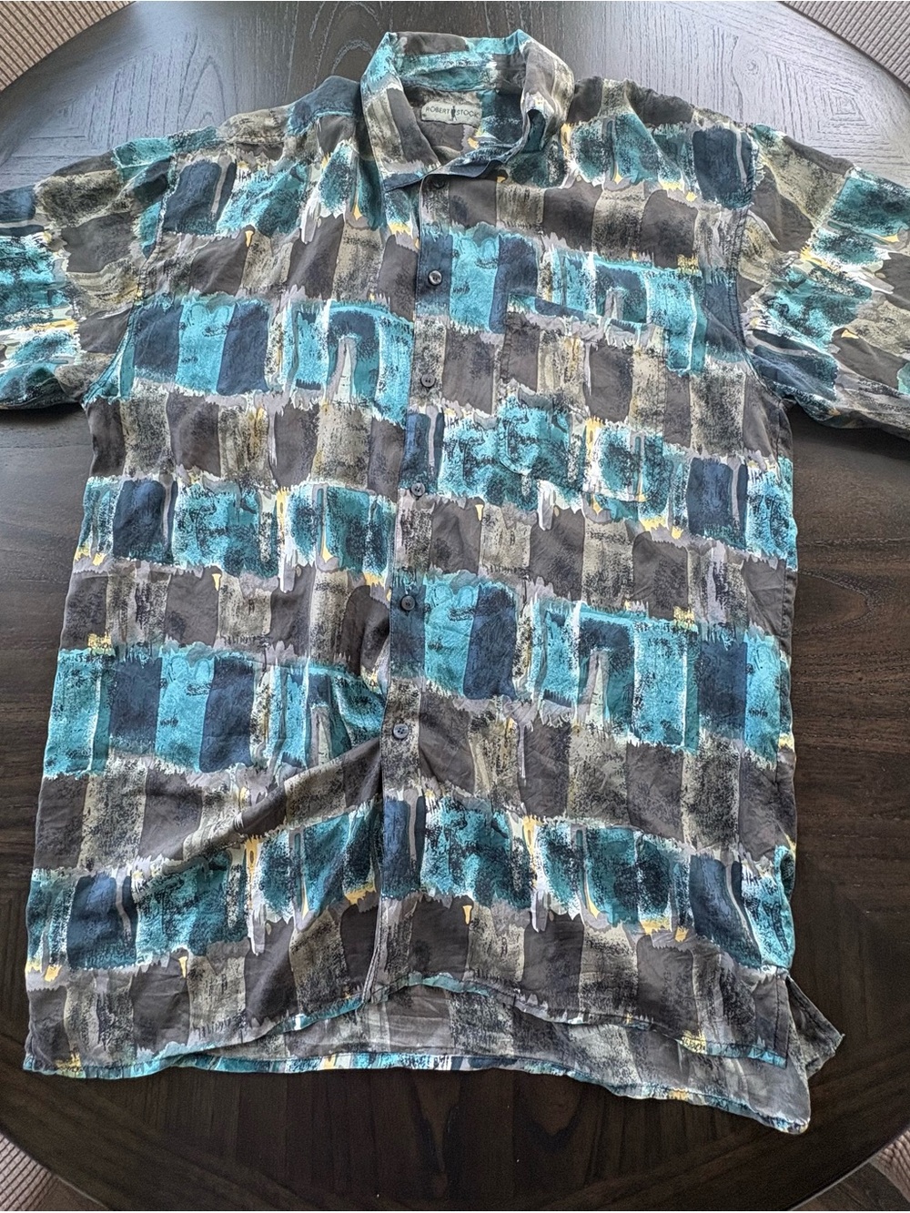 Robert Stock Vintage 90s Abstract Shirt Mens XL Teal Gray Short Sleeve Button Up